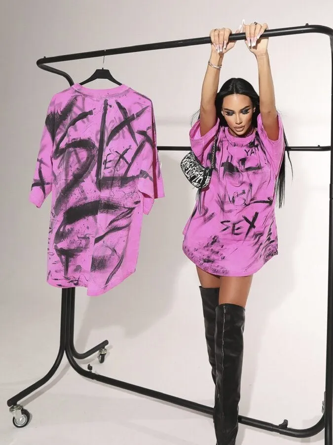 Long Printed Oversize Half-Sleeve T-Shirt Trendy Spring And Summer Fashionable Top Outdoor Wear - Image 4