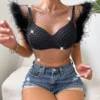 Slim Fit Diamond Flash Nightclub Style Sexy Rhinestone Fishnet Top