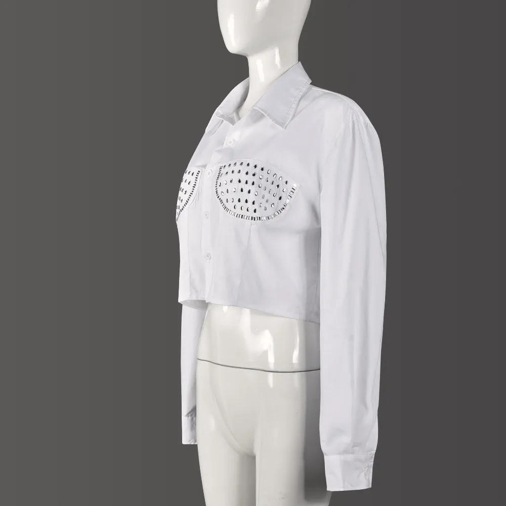 Women Fall Beaded Turndown Collar Long Sleeve Shirt - Image 9