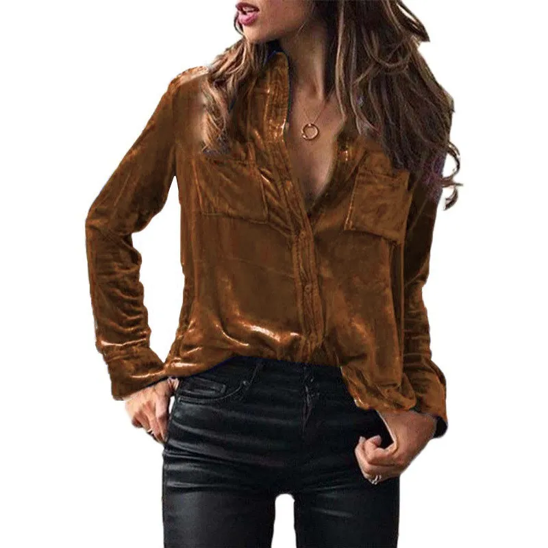 Spring Autumn Pocket Shirt Top Solid Color Chic Long Sleeve Single Breasted Shirt Women - Image 16