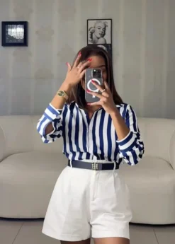 Women's Spring Fashionable Blue Striped Shirt
