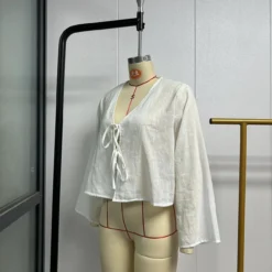 Women's Deep V Bell Bottom Sleeve Lace-Up Tops