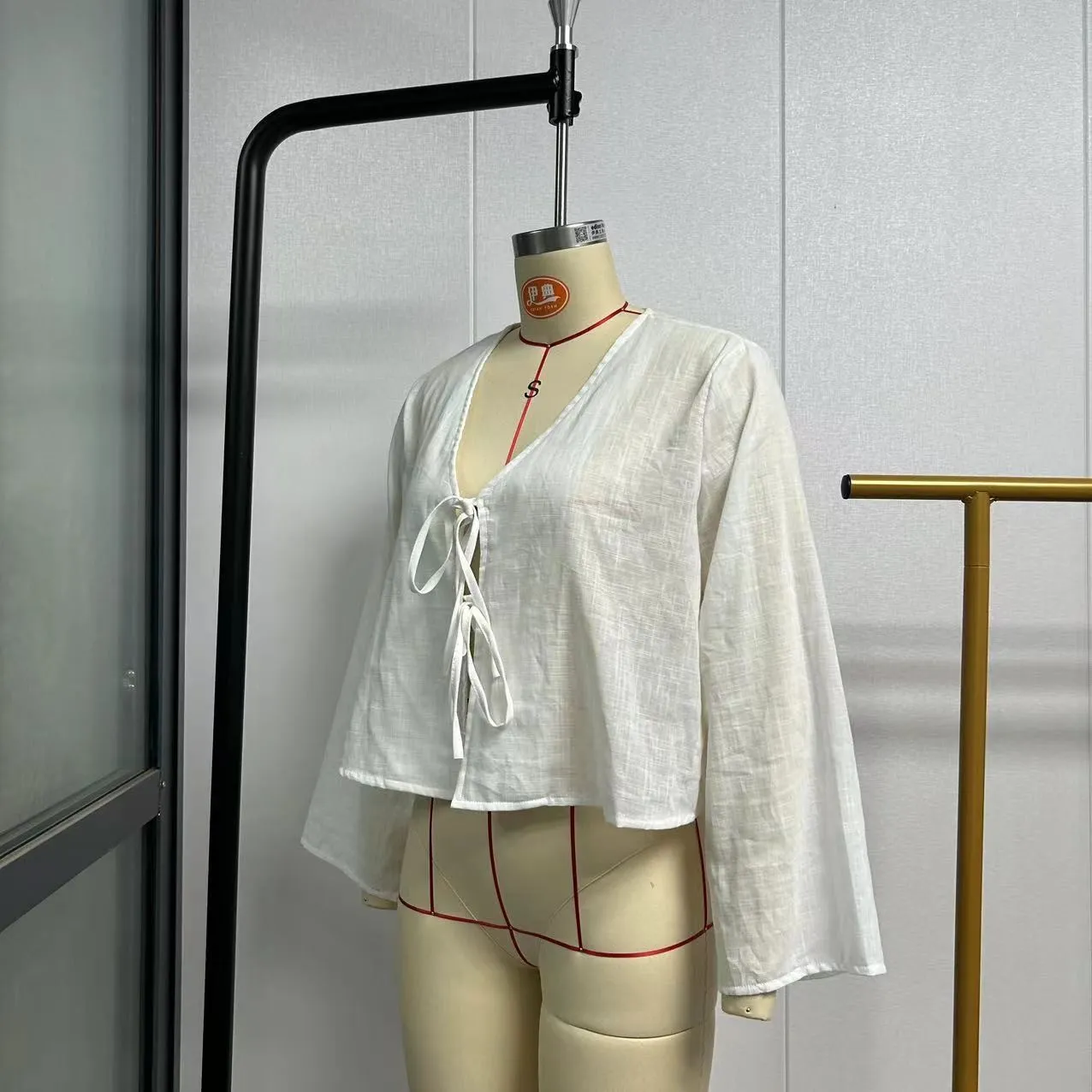 Women's Deep V Bell Bottom Sleeve Lace-Up Tops