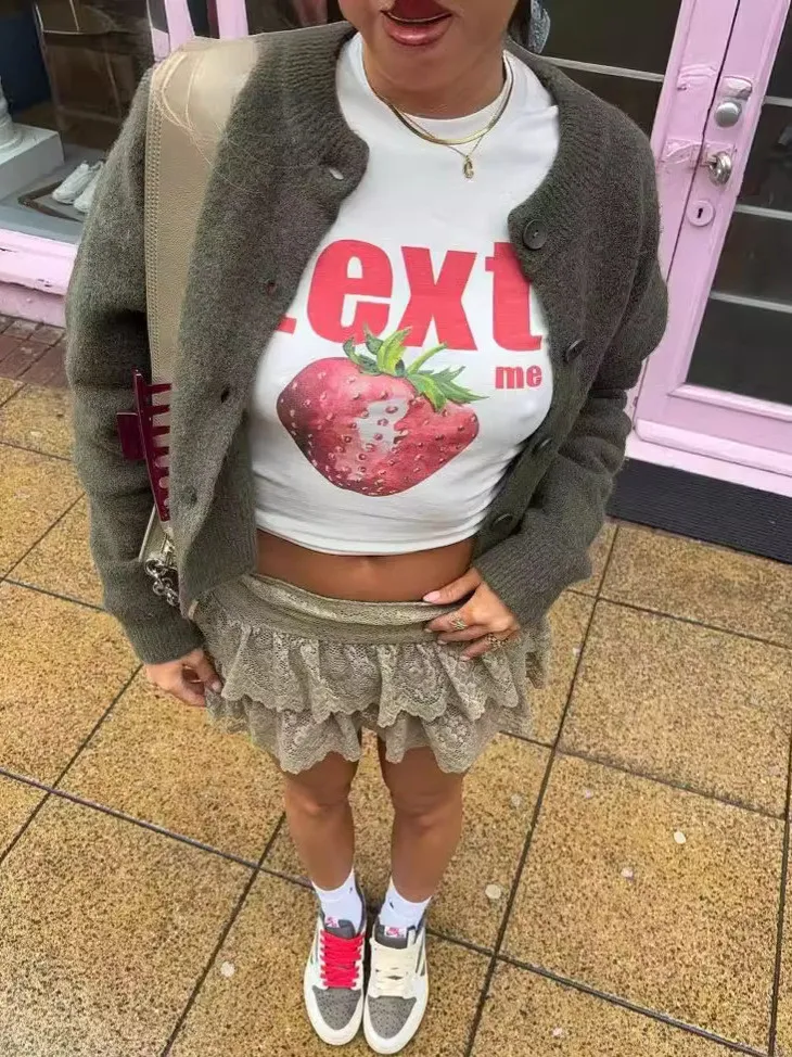 Women Short Sleeve Printed Strawberry Crop T-Shirt - Image 2