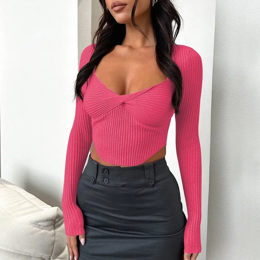 Women Ribbed Knot Square Neck Long Sleeve T-Shirt - Image 19