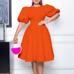Retro Round Neck Chic Puff Sleeve Slim Waist A-Line Swing Party Dress