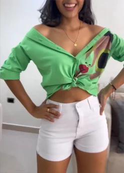 Positioning Cartoon Print Lace Up Long Sleeve Shirt For Women