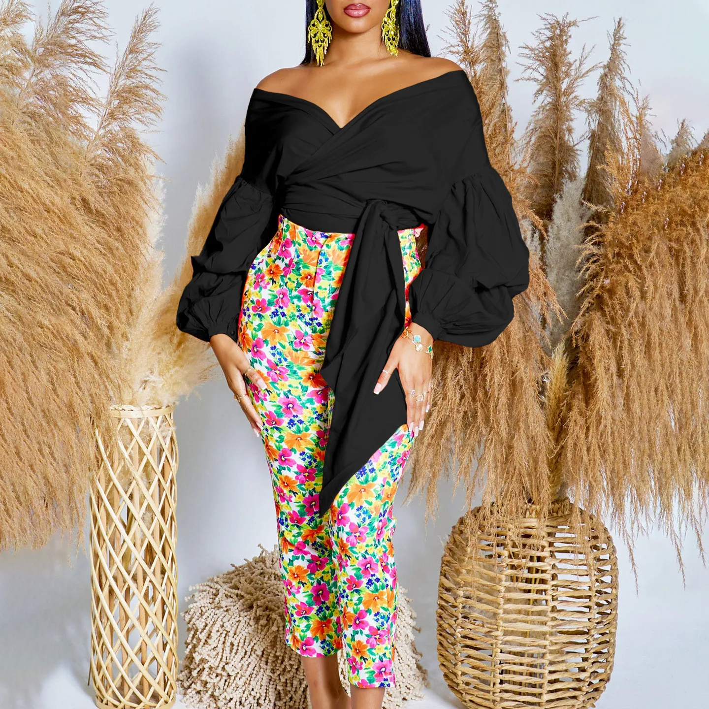 Summer Fashion Solid Color Off-Shoulder Cross Lace-Up Puff Sleeve Sexy V-Neck Shirt African Top - Image 10