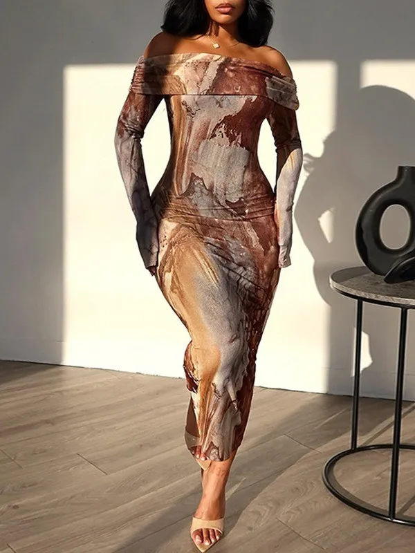 Women's Retro Fashion Print Sexy Off Shoulder Long Sleeve Trendy Dress - Image 18