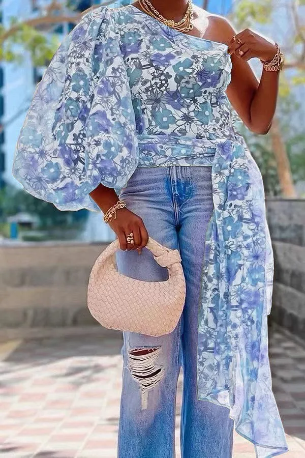 Women Sexy Print Single Sleeve Bell Bottom Sleeve Top - Image 9