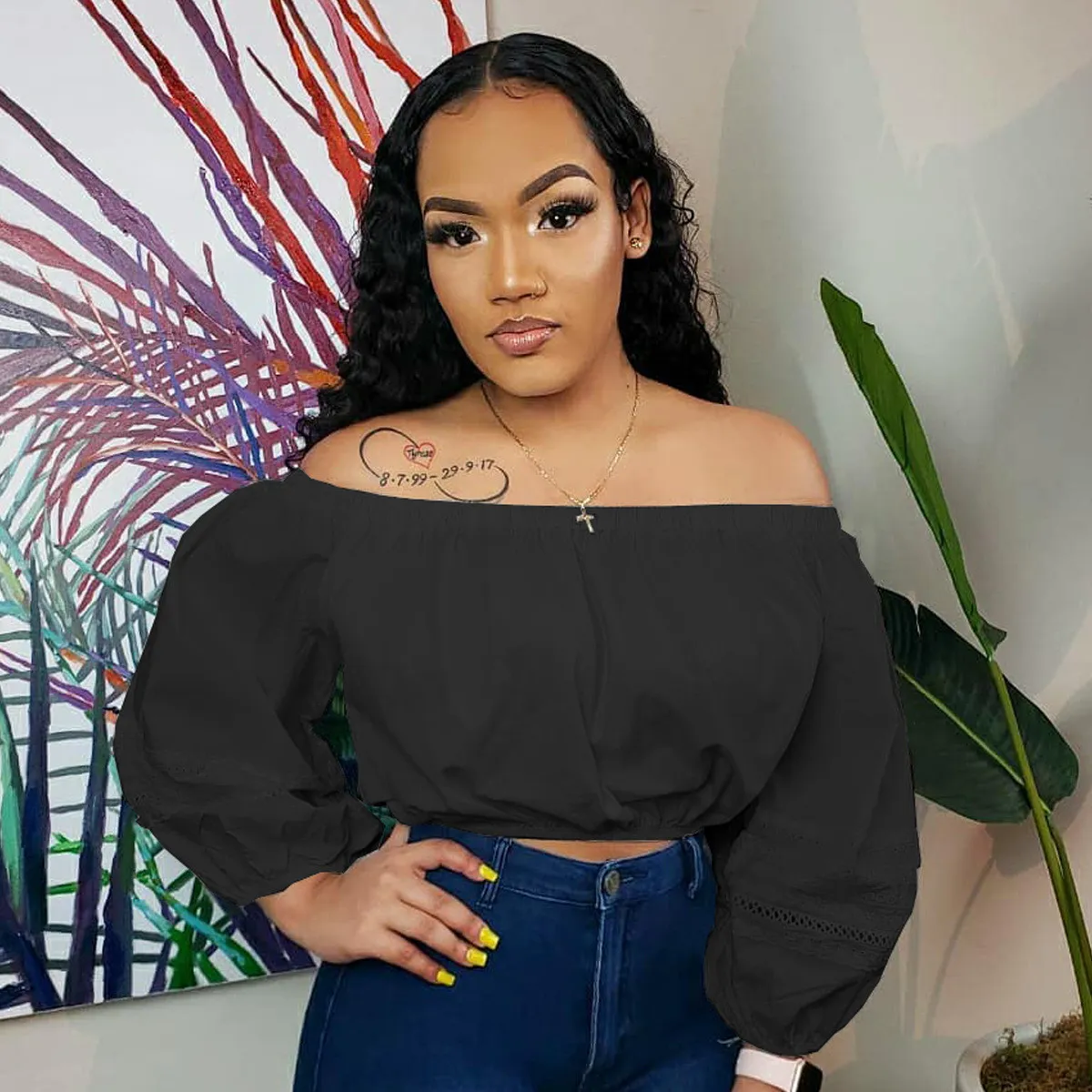 Women's Autumn Solid Lace Off Shoulder Top (Top Only) - Image 12