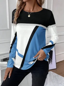 Women's Pullover Round Neck Contrast Color Patchwork Geometric Print Top Women's T-Shirt