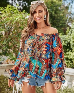 Women Spring Off Shoulder Bell Bottom Long Sleeve Tie Shirt