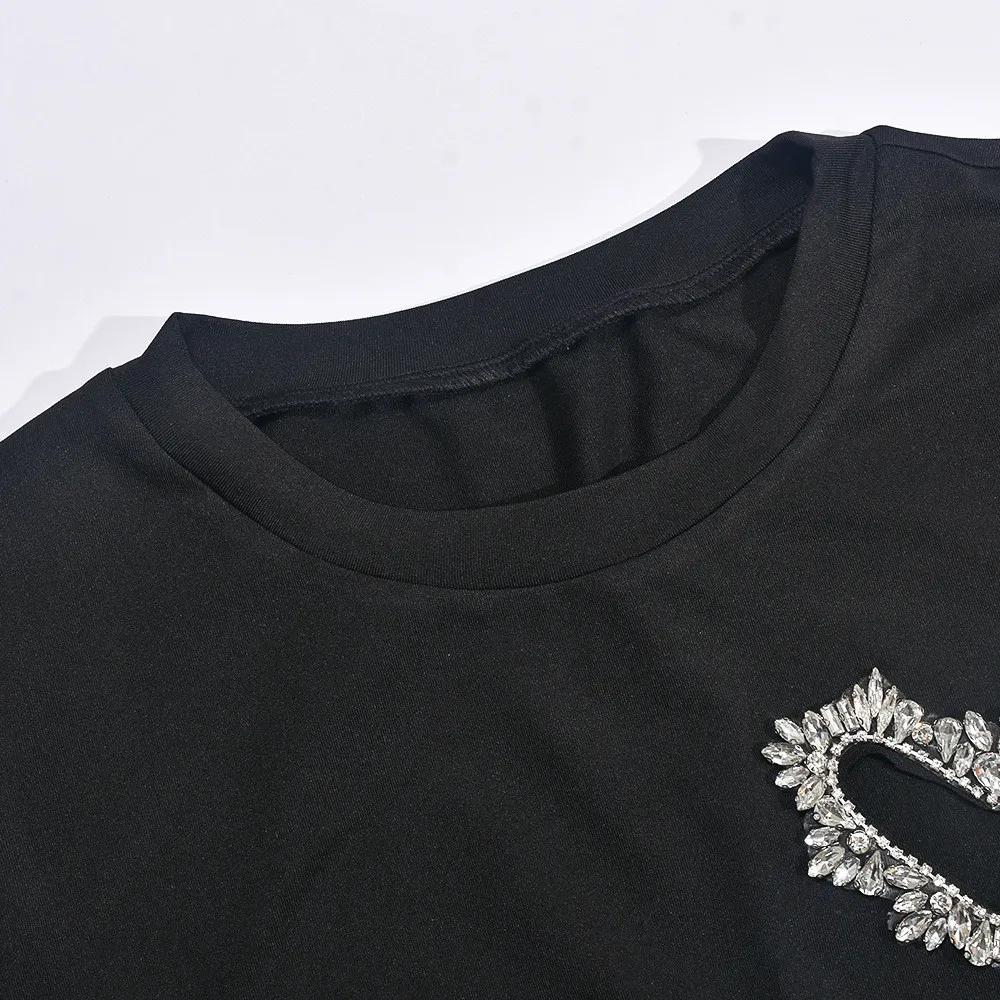 Summer T-Shirt Round Neck Heart Beaded Hollow Drawstring Solid Color Short Sleeve Women's Top - Image 4