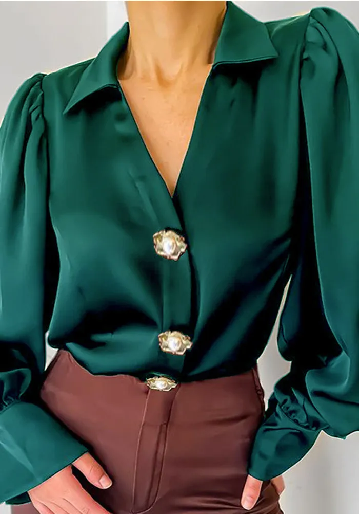 Fall Fashion Balloon Sleeve Casual Loose Satin Blouse - Image 3