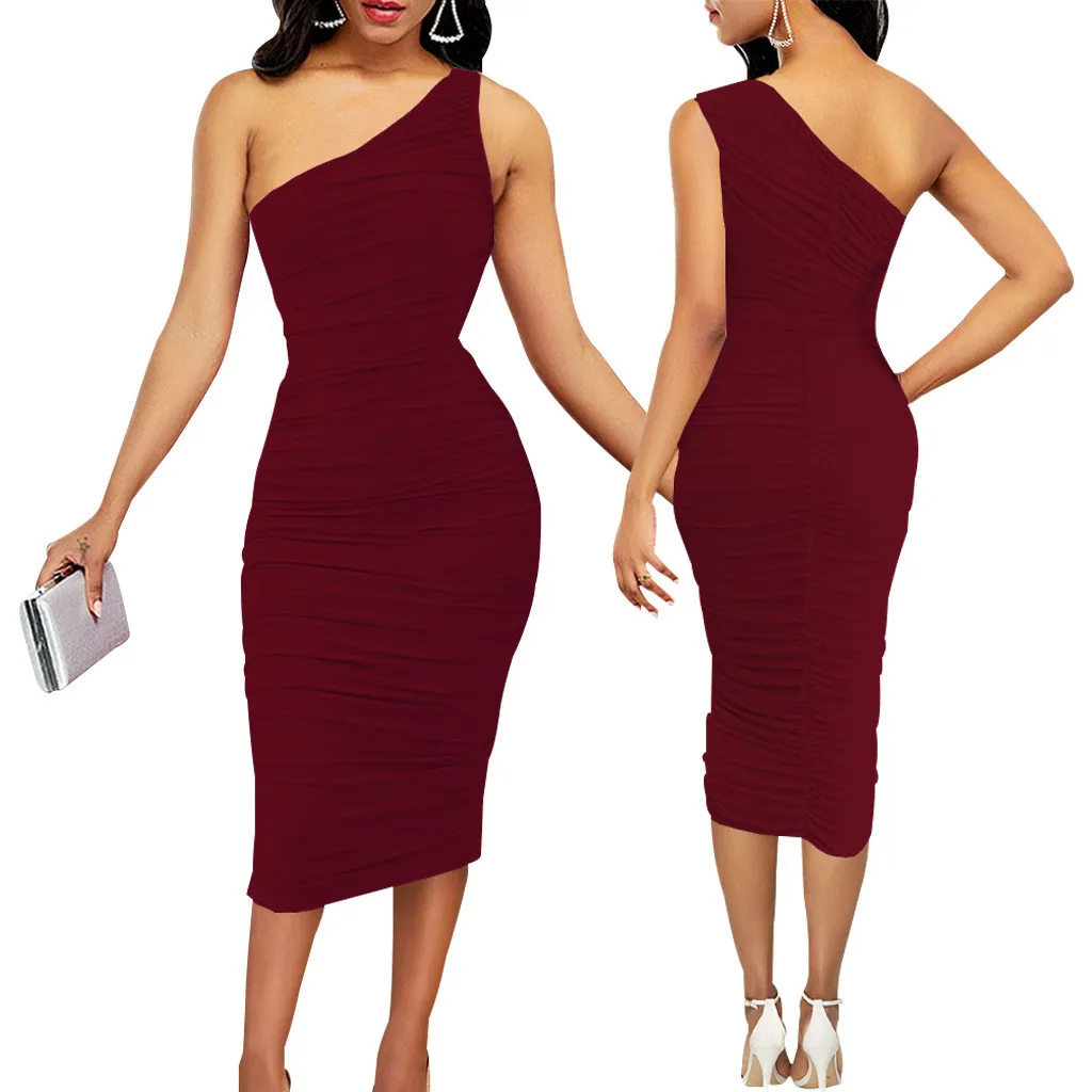Women Sexy Solid One Shoulder Dress - Image 11