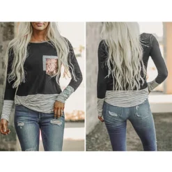 Winter And Spring Striped Print Round Neck Sequin Patchwork Women's T-Shirt