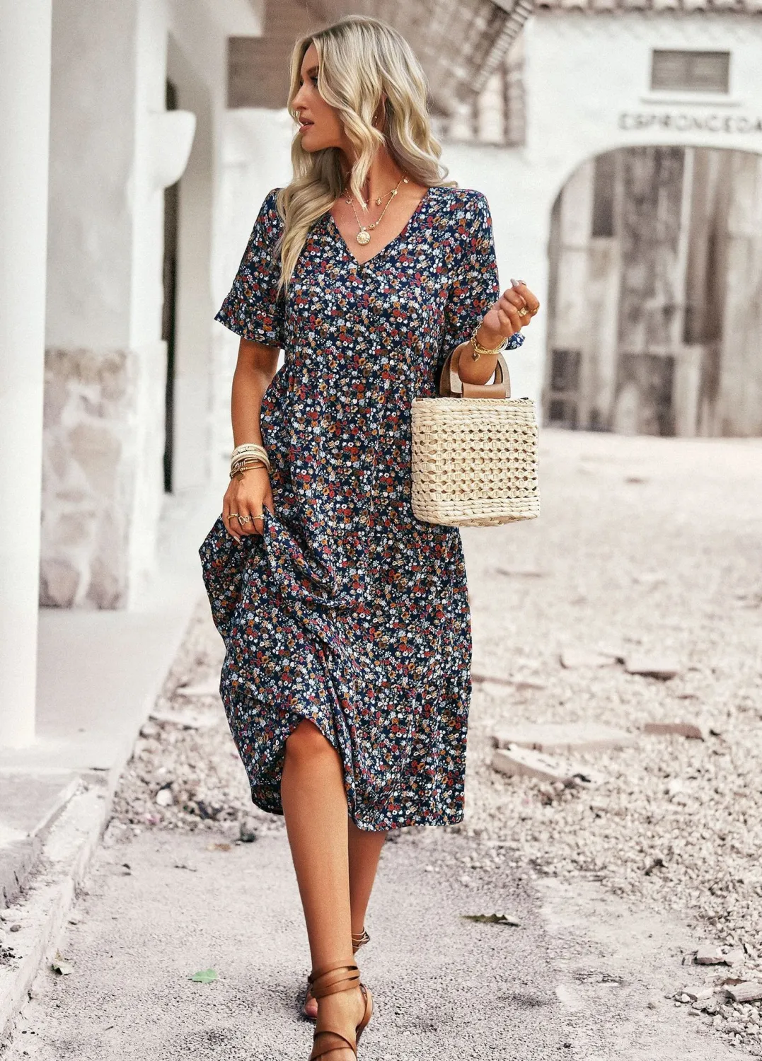 Chic Elegantsummer V Neck Short Sleeve Holidays Casual Dress - Image 6