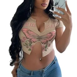Women Sexy Butterfly Print Short Sleeve U Neck T-Shirt