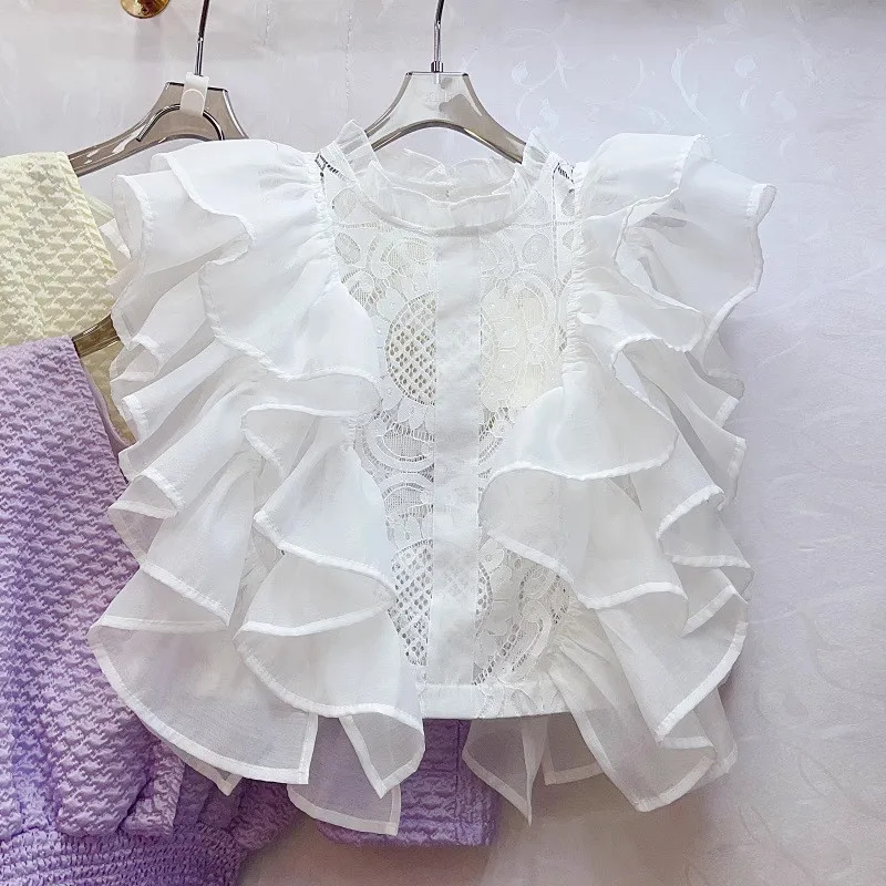 Women Summer French Ruffle Patchwork Crochet Hollow Stand Collar Lace Shirt - Image 16
