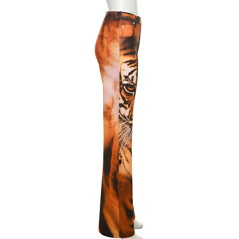 Summer Women's High Waist Digital Printed Fake Pockets Slim Fit Bell Bottom Casual Pants - Image 4