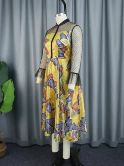 Fashion Mesh Patchwork Retro Print Loose Waist Bow Tie A-Line Dress