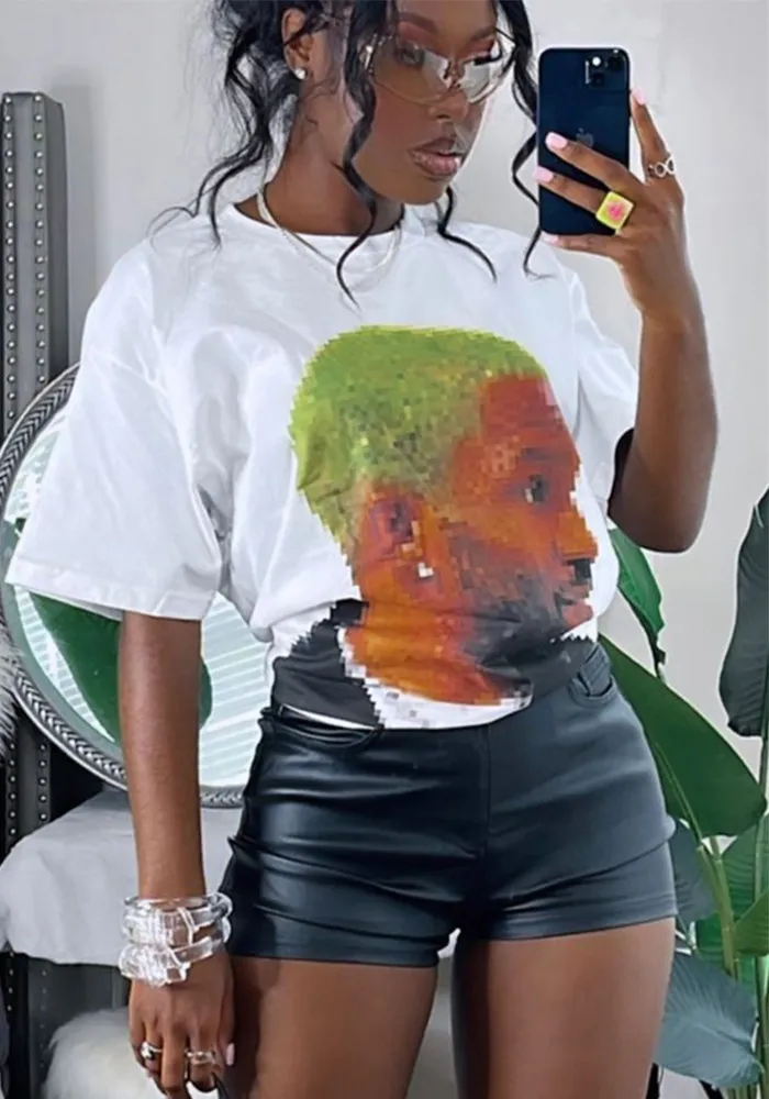 Summer Casual Loose Pure Cotton Mosaic Character Round Neck Short-sleeved T-shirt For Women - Image 4