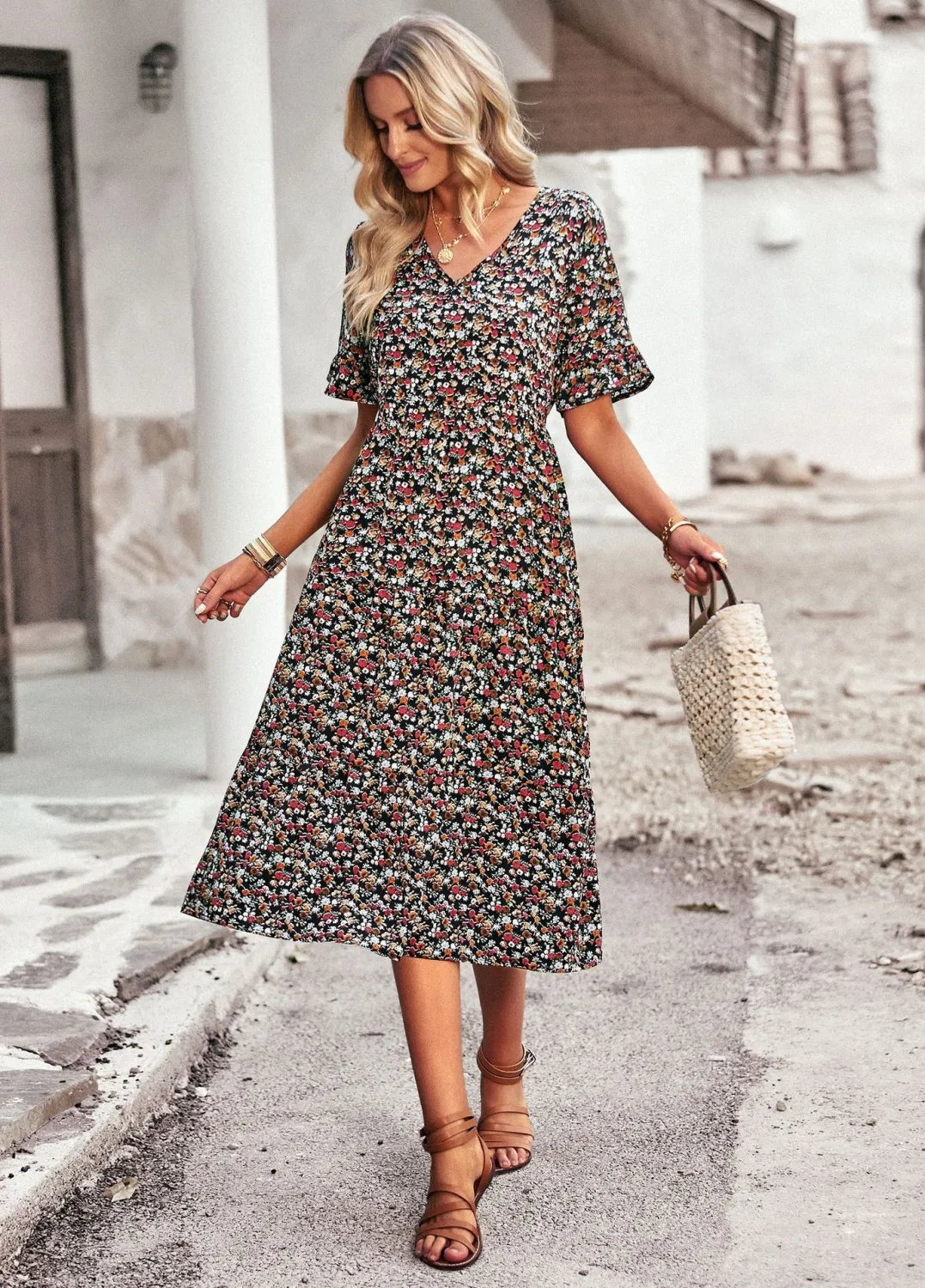 Chic Elegantsummer V Neck Short Sleeve Holidays Casual Dress - Image 3