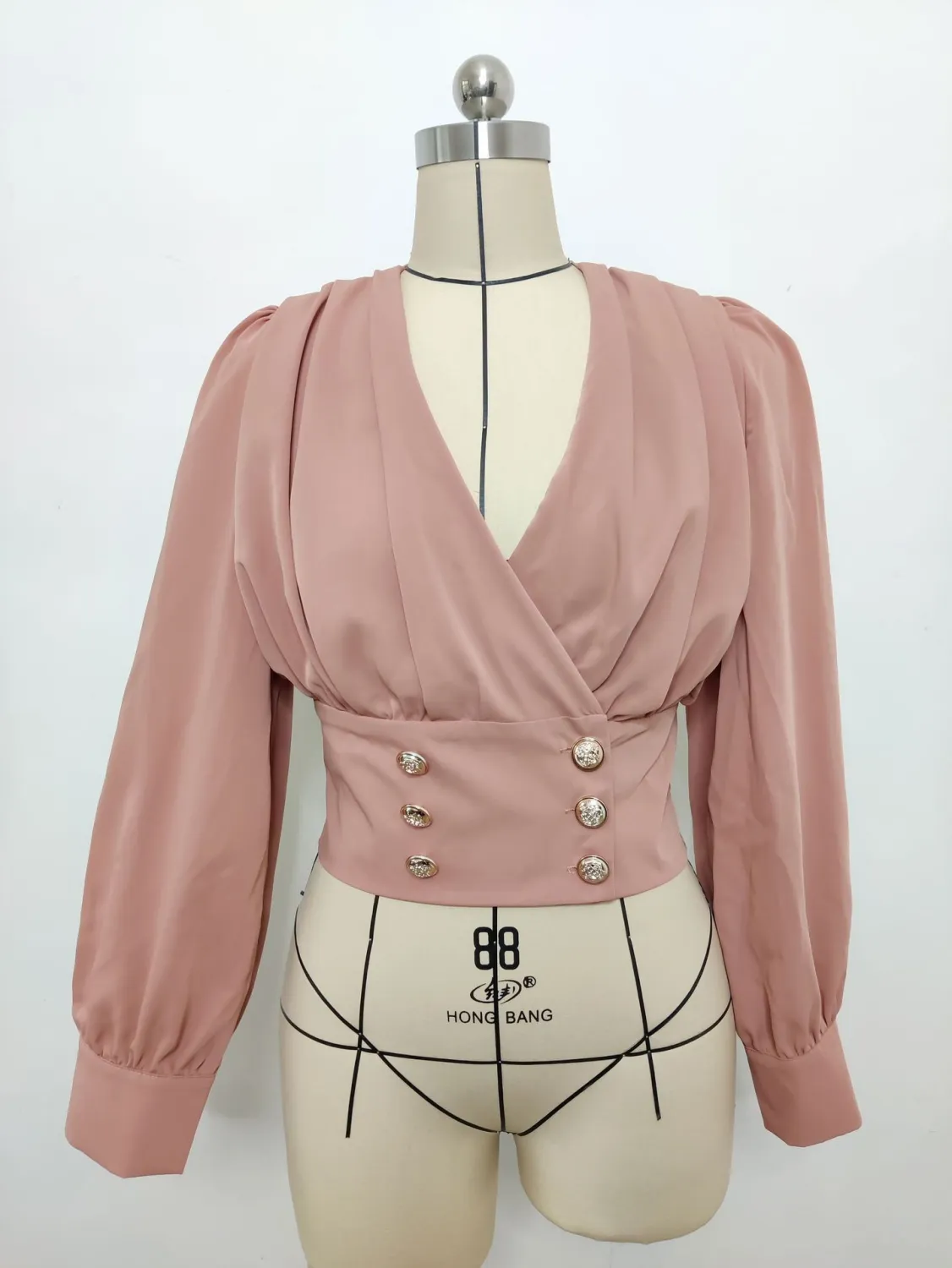 Women's V-Neck Sexy Long-Sleeved Short Slim Waist Puff Sleeve Solid Color Pleated Shirt