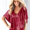 Women Sequin V-Neck Patchwork Sexy Cape Sleeve Top