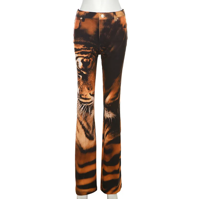 Summer Women's High Waist Digital Printed Fake Pockets Slim Fit Bell Bottom Casual Pants - Image 11