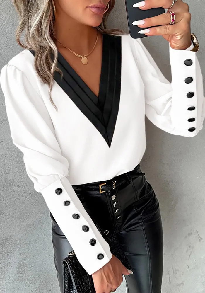 Women V Neck Solid Long Sleeve Button Top - Image 10