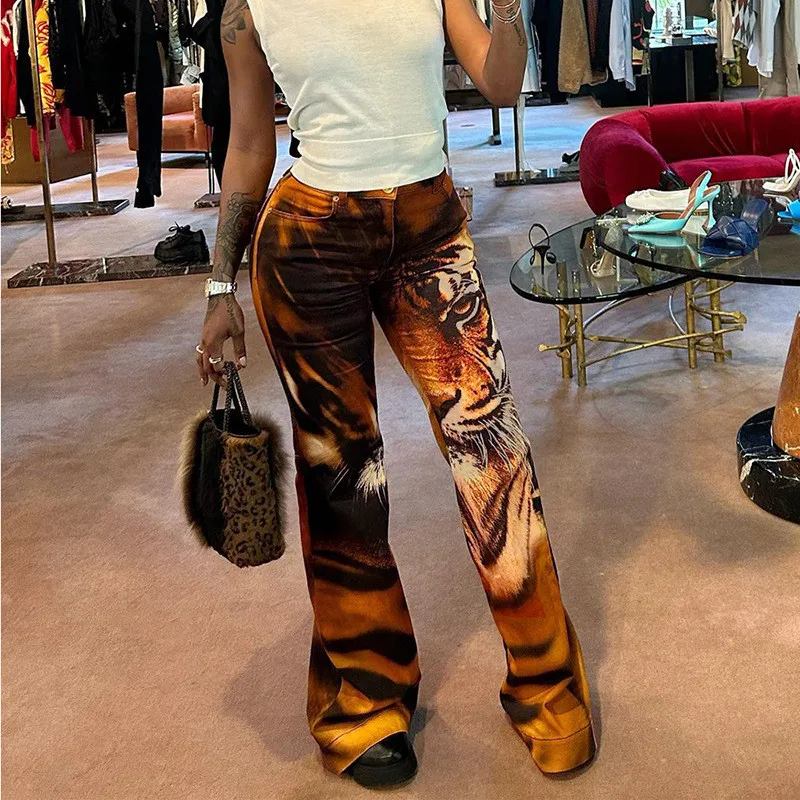 Summer Women's High Waist Digital Printed Fake Pockets Slim Fit Bell Bottom Casual Pants - Image 12
