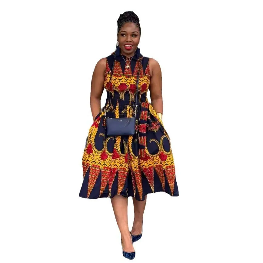 Sexy Printed Turndown Collar Sleeveless Slim Waist African Dress - Image 8