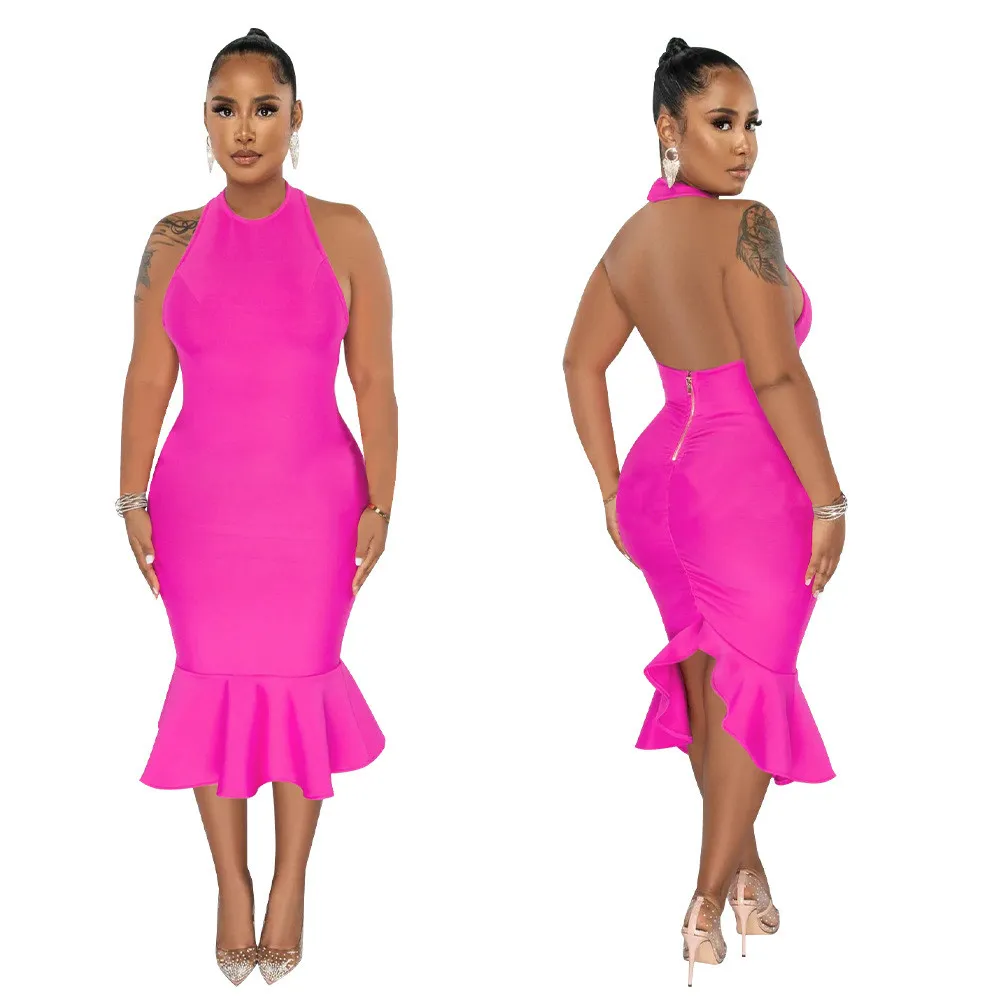 Women's Solid Color Halter Neck Bodycon Mermaid Party Dress - Image 4
