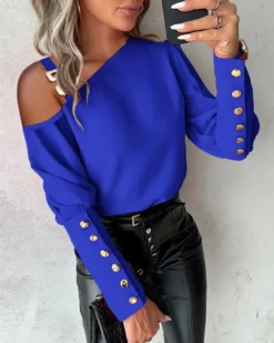 Women Solid Metal Button Slash Shoulder Button Top