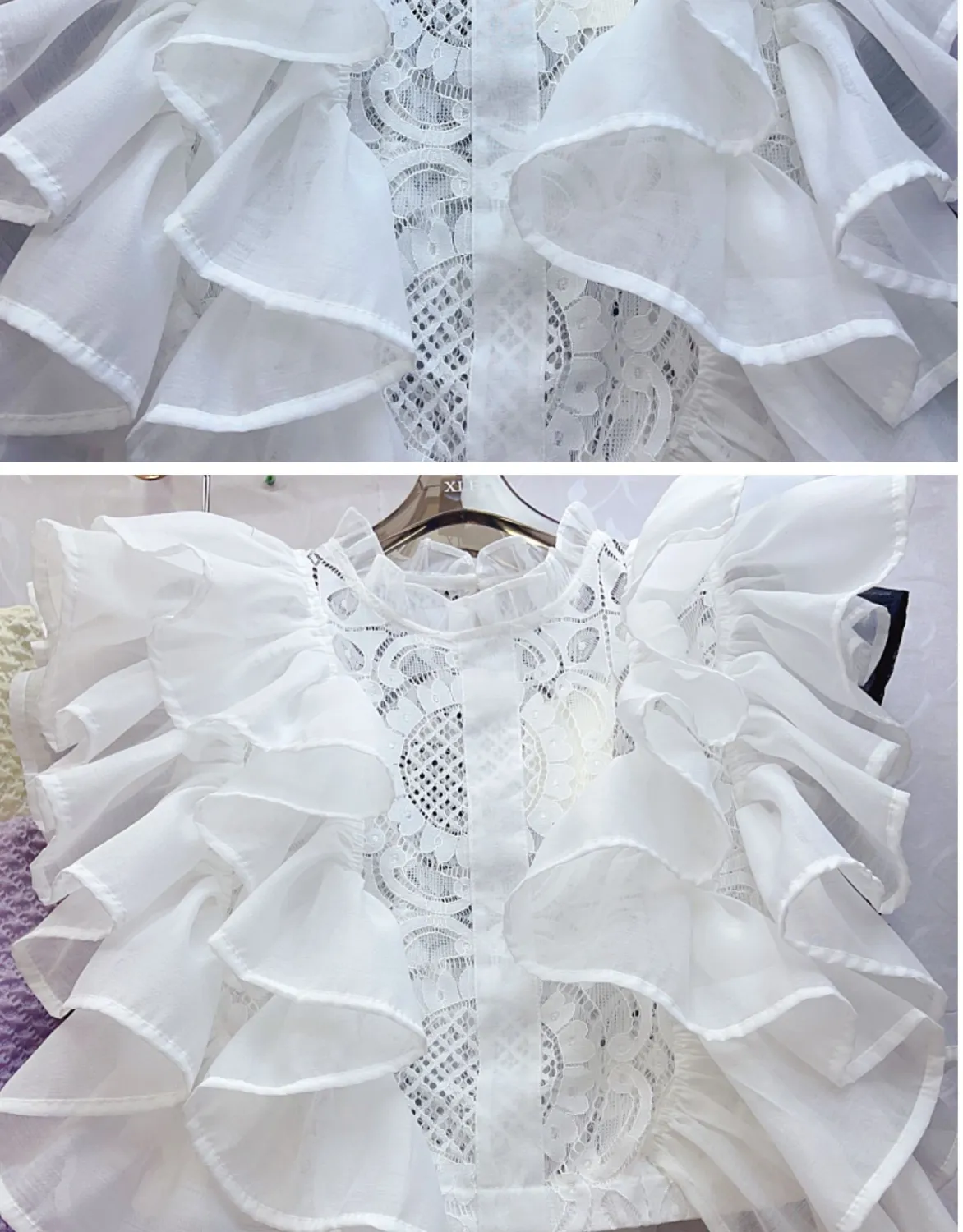 Women Summer French Ruffle Patchwork Crochet Hollow Stand Collar Lace Shirt - Image 17