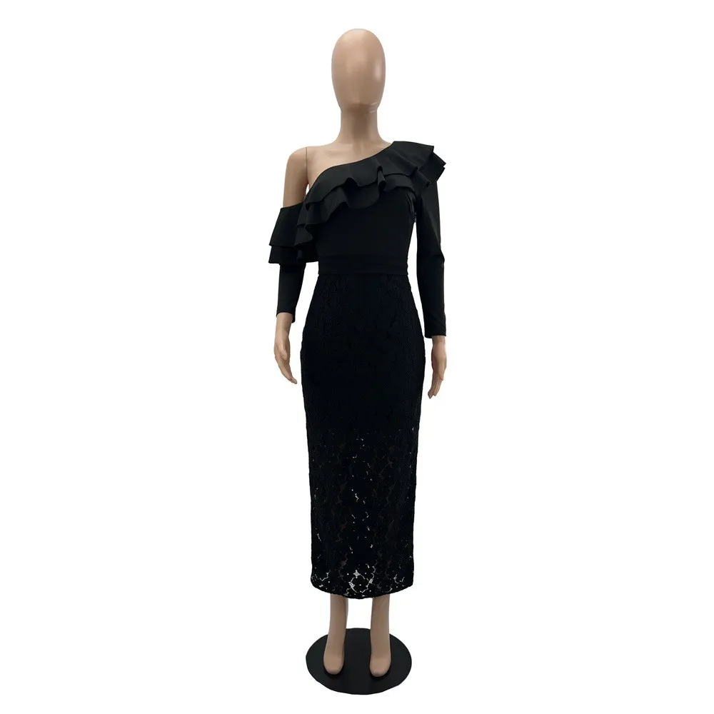 One Shoulder Ruffled Chic Evening Dress Slim Lace Bodycon Dress - Image 11