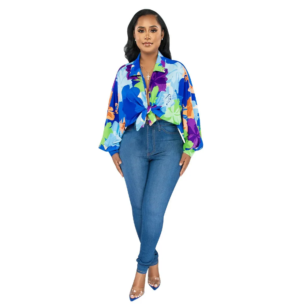 Women's Bat Sleeves Top Turndown Collar Print Shirt - Image 3
