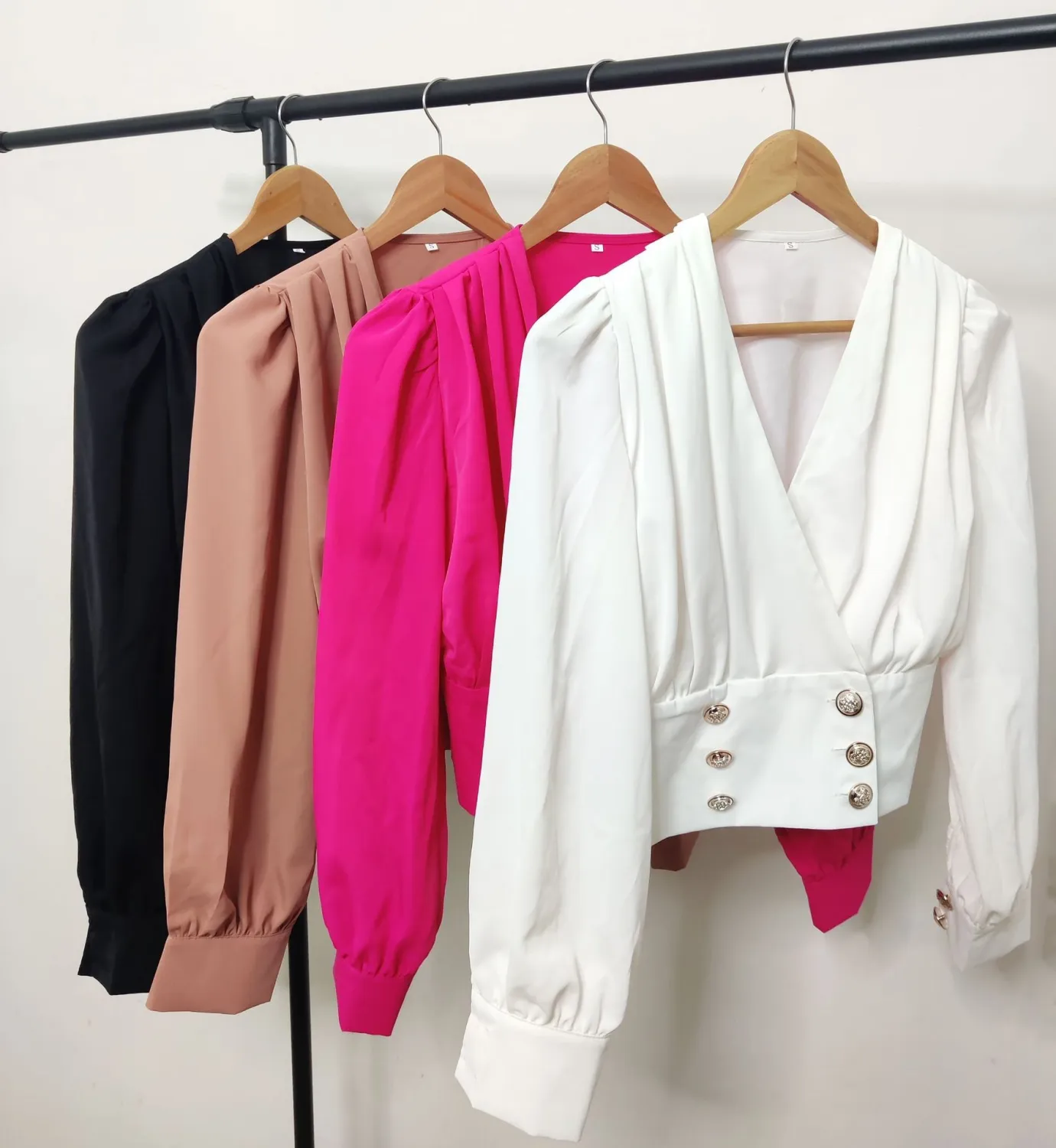 Women's V-Neck Sexy Long-Sleeved Short Slim Waist Puff Sleeve Solid Color Pleated Shirt - Image 19