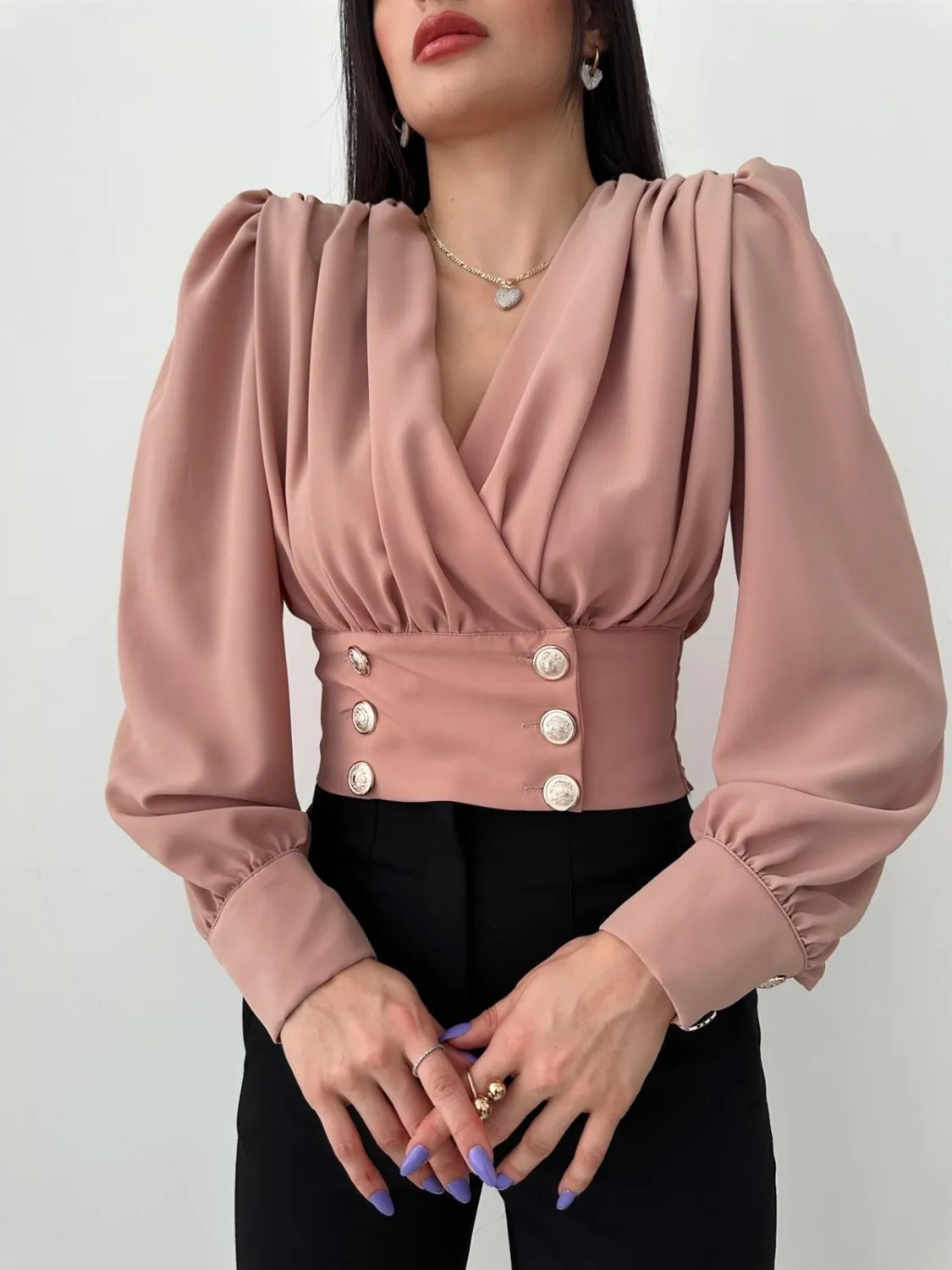 Women's V-Neck Sexy Long-Sleeved Short Slim Waist Puff Sleeve Solid Color Pleated Shirt - Image 8