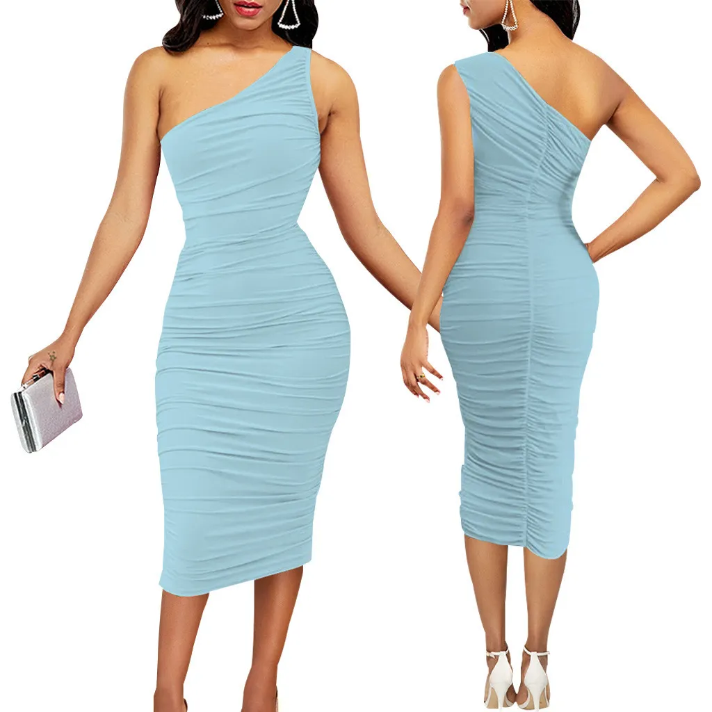 Women Sexy Solid One Shoulder Dress - Image 3