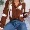 Wind Fall Winter Chic Color Contrast Stripe Turndown Collar Long Sleeve Shirt