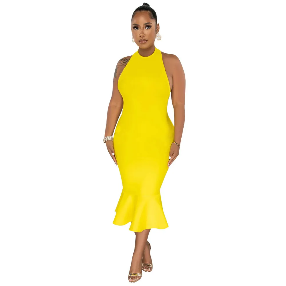 Women's Solid Color Halter Neck Bodycon Mermaid Party Dress - Image 9