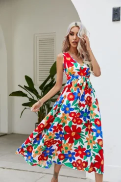 Summer Holidays V-Neck Waistband Big Flower Beach Dress