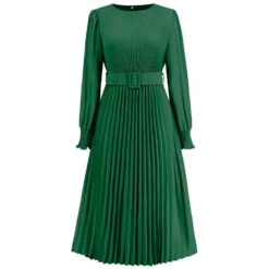 Autumn/Winter Round Neck Puff Long Sleeve Pleated A-Line Midi Dress