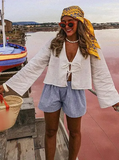 Women's Deep V Bell Bottom Sleeve Lace-Up Tops - Image 5