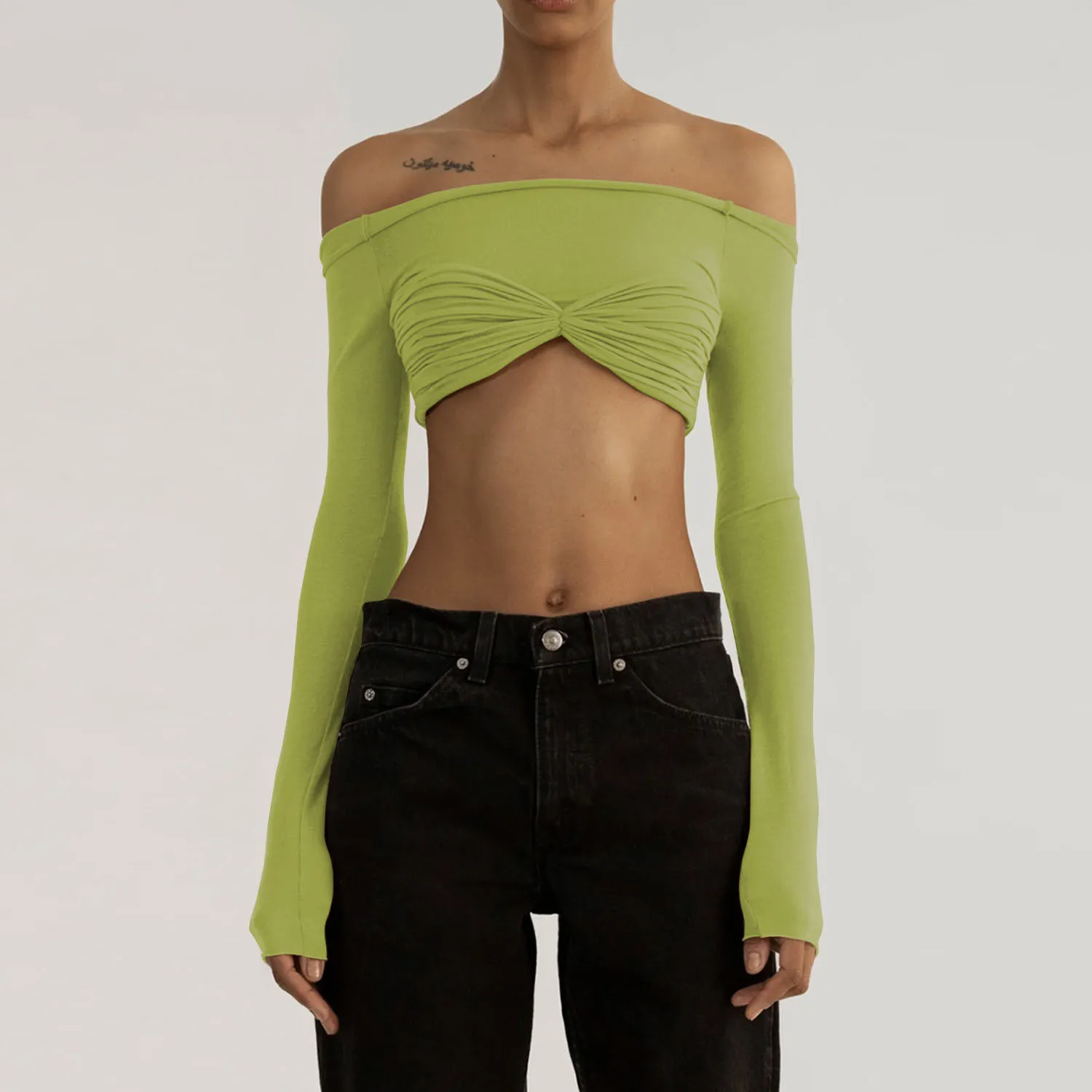 Spring Summer Women'S Off Shoulder See-Through Long Sleeve Cropped Top - Image 19