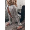 Women Party Sequin Long Sleeve Round Neck Slit Top