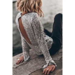 Women Party Sequin Long Sleeve Round Neck Slit Top